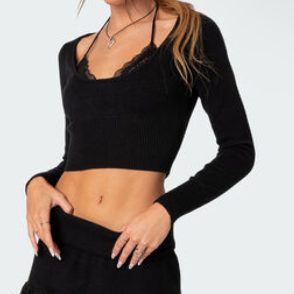 Edikted Black Knit Lace Detail Long Sleeve Top